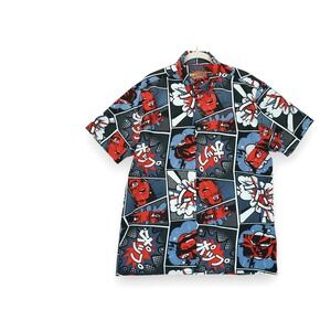Fresh Prints Men's Shirt Gray Red Anime Print All Over  Short Sleeve Button Up L